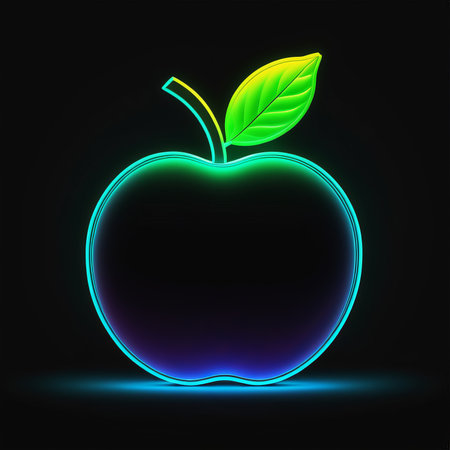 apple icon, neon sign glowing icon isolated on black background. fruit leaf symbol. vector illustration.の素材