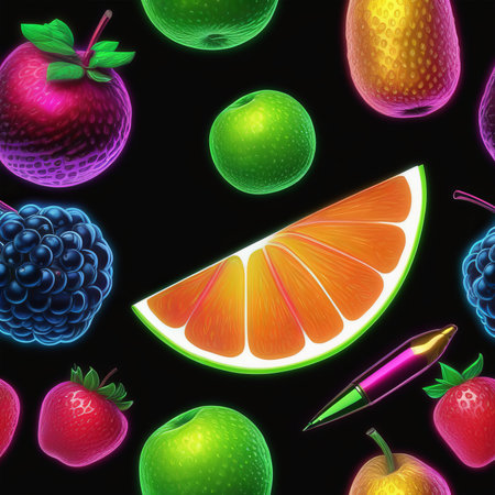 seamless pattern with different fruits and berries on black background.の素材