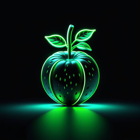 neon apple with green leaf leafgreen reflection on a black backgroundの素材