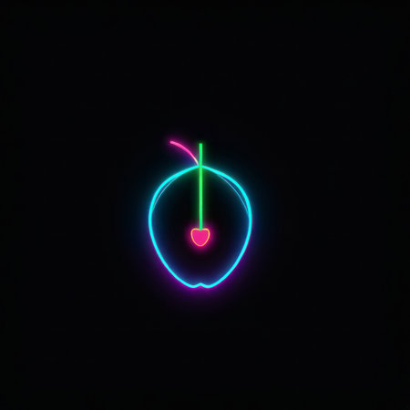 glowing neon line apple icon isolated on black background. fruit with leaf symbol. colorful outline concept. vectorの素材
