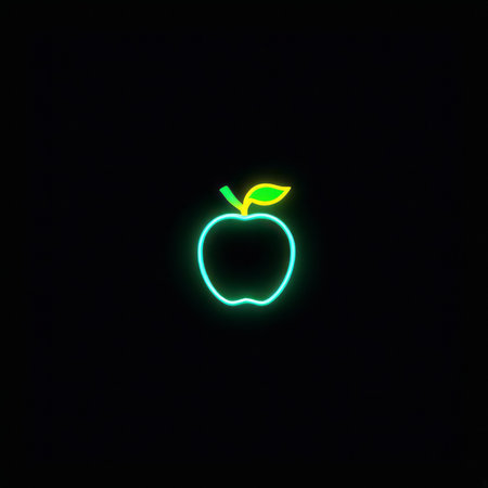 glowing neon line apple icon isolated on black background. fruit leaf symbol. colorful outline concept. vector illustrationの素材