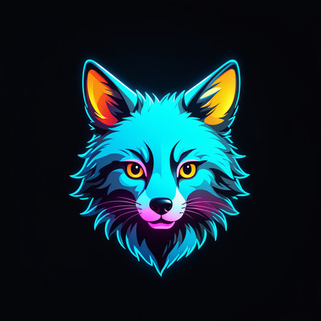 vector illustration of a fox with blue background head fox. neon sign. light.の素材