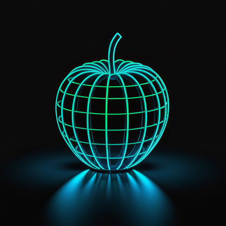 glowing neon apple icon isolated on blue background. fruit with leaf symbol. vector icon. signの素材