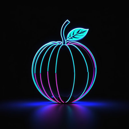 glowing neon apple on black background. pumpkin with icon isolated halloween party. vectorの素材