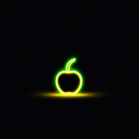 green glowing apple on the background of light. neon light effect with glow sun.の素材