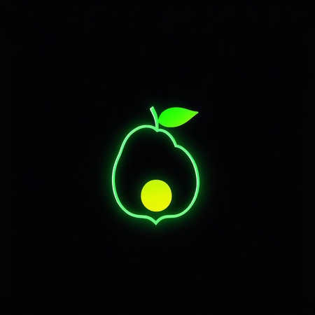 green apple with a neon light. leaf icon on black backgroundの素材