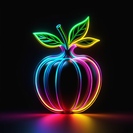 neon glowing apple with lights. isolated on a transparent background. vector illustration. glow dark 3d rendering.の素材
