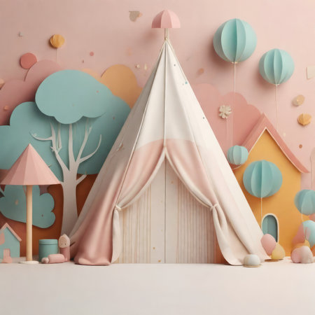 kids tent with pink and blue pastel color, 3d rendering. playground, children's room wooden paper cut styleの素材