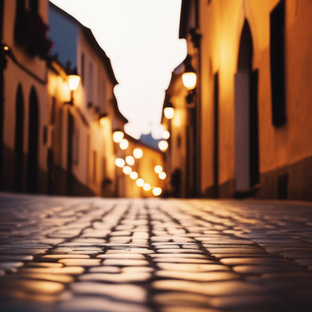 old town in the city narrow street at nightの素材