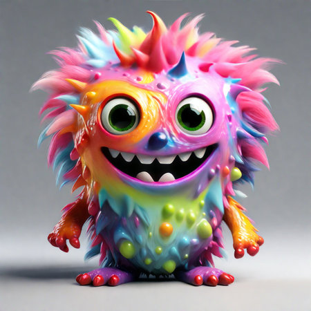 cute monster, colorful monster with big smile and eyes, teeth, cartoon character, teeth,cute 3d render of a alien character. illustrationの素材