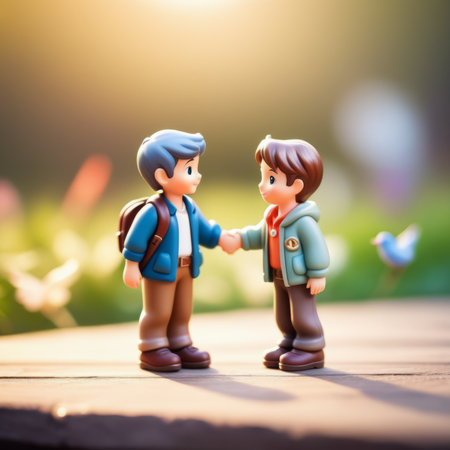 two little men walking on a small wooden toy happy couple with figures tableの素材