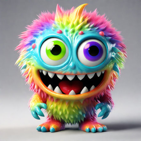 cute cartoon colorful monster. 3d illustration, illustration render of a monster with big eyes and smileの素材