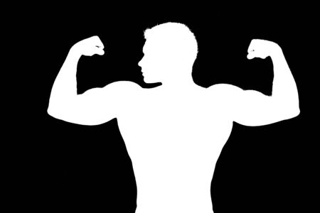 Close up of sports mans muscular back isolated on black backgroundの写真素材