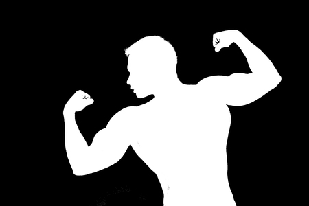 Close up of sports mans muscular back isolated on black backgroundの写真素材