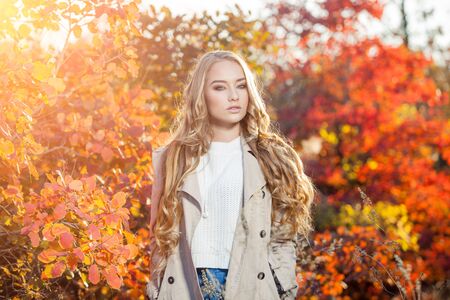beautiful young woman with curly hair against a background of red and yellow autumn leaves.の写真素材