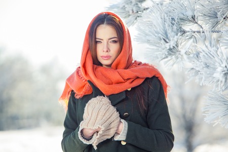 Beautiful winter portrait of young woman in the winter snowy scenery.の写真素材