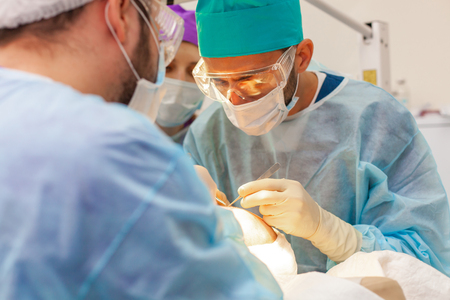 Baldness treatment. Hair transplant. Surgeons in the operating room carry out hair transplant surgery. Surgical technique that moves hair follicles from a part of the head.の写真素材