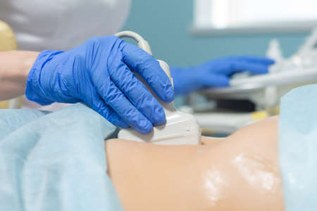 Photography of doctor moving ultrasound probe on pregnant woman stomach during a scheduled appointmentの写真素材