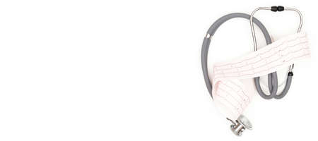Stethoscope with electrocardiogram sheet isolated on white background. Place to copy paste.