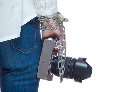 Copyright. The camera is chained to the photographers hand. The concept of protecting the...