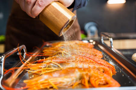 Close-up. Grilled tiger prawns. Salted before grilling.の写真素材