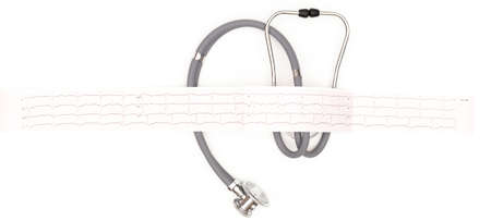 Stethoscope with electrocardiogram sheet isolated on white background. Place to copy paste.