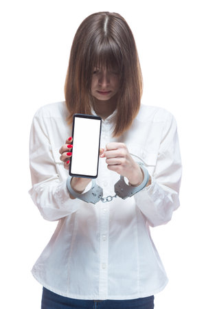 Violation of the law on the Internet, telephone fraud, telephone terrorism. Censorship, restriction of freedom of speech. Copy paste. Isolated on white background.の写真素材