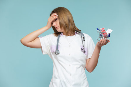 high price of drugs and medicine. Inflation, imitation. A woman doctor shows a miniature basket of medicines, on a blue background. Copy paste. healthcare concept.の写真素材