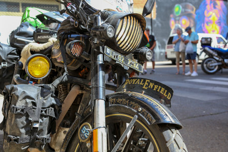 Royal Enfield motorcycle, apparently the Classic 350cc model, difficult to assess due to the touring customization it has undergone, seen in La BaÃ±eza, Spainのeditorial素材