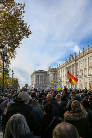 A group of self-employed workers are demonstrating in the city of Madrid, demanding respect for their rights while carrying flags, megaphones, and whistles.のeditorial素材