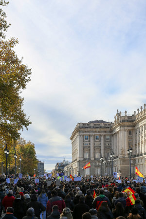 A group of self-employed workers are demonstrating in the city of Madrid, demanding respect for their rights while carrying flags, megaphones, and whistles.のeditorial素材