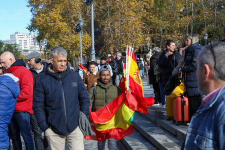 A group of self-employed workers are demonstrating in the city of Madrid, demanding respect for their rights while carrying flags, megaphones, and whistles.のeditorial素材