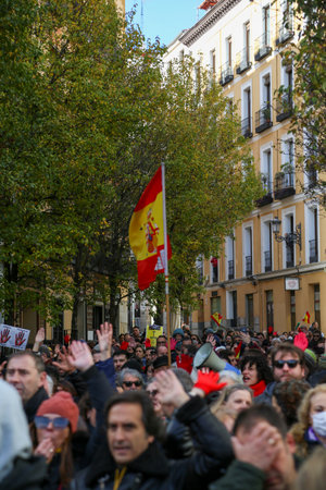 A group of self-employed workers are demonstrating in the city of Madrid, demanding respect for their rights while carrying flags, megaphones, and whistles.のeditorial素材
