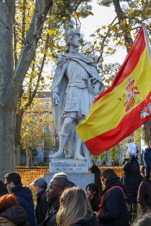 A group of self-employed workers are demonstrating in the city of Madrid, demanding respect for their rights while carrying flags, megaphones, and whistles.のeditorial素材