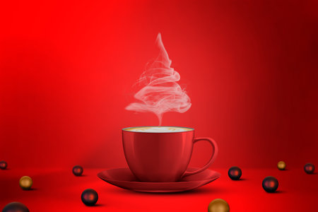 Christmas tree shape of steaming coffee cup and christmas ball on floor on a red background. Copy Space.の写真素材