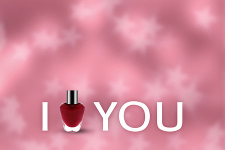 Valentines week special illustration idea. Heart shape nail paint bottle, I love You. Sparkle Background. Empty Space.の写真素材