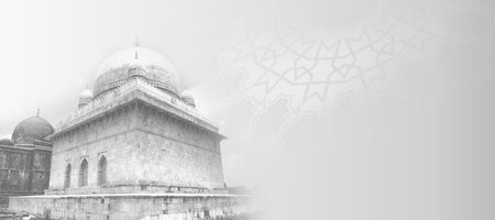 Ramadan Kareem black and white mosque background with mandala. Greeting for Ramadan Mubarak. Eid Mubarak. Happy Ramadan. Happy Eid Greeting Card Idea. Holy Month. Empty Space.の写真素材