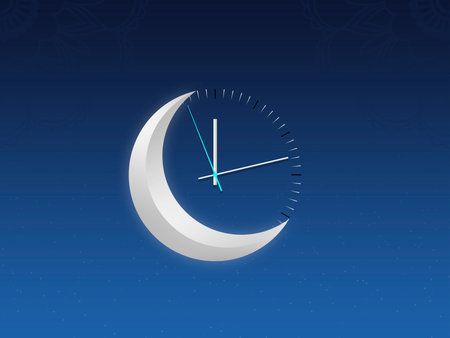Crescent moon with a watch, Ramadan Kareem background. Greeting for Ramadan Mubarak. Eid Mubarak. Happy Ramadan. Happy Eid Greeting Card Idea. Holy Month. Empty Space.の写真素材