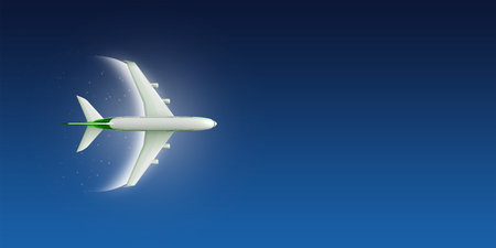 Airplane on crescent moon in sky, Ramadan Kareem background. Greeting for Ramadan Mubarak. Eid Mubarak. Happy Ramadan. Happy Eid Greeting Card Idea. Holy Month. Empty Space.の写真素材