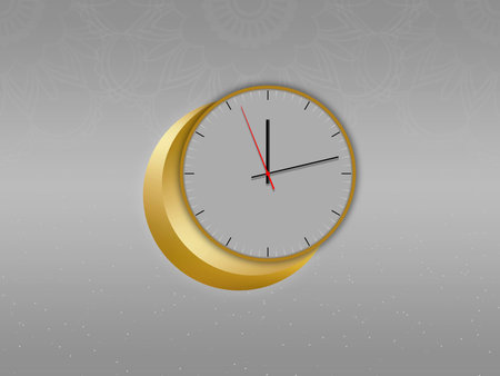 Crescent moon with a watch, Ramadan Kareem background. Greeting for Ramadan Mubarak. Eid Mubarak. Happy Ramadan. Happy Eid Greeting Card Idea. Holy Month. Empty Space.の写真素材