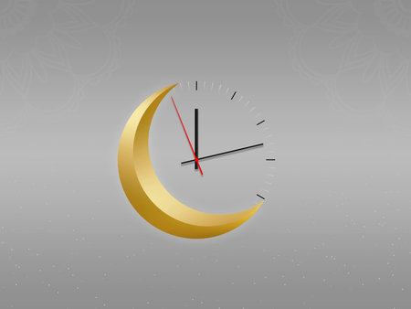 Crescent moon with a watch, Ramadan Kareem background. Greeting for Ramadan Mubarak. Eid Mubarak. Happy Ramadan. Happy Eid Greeting Card Idea. Holy Month. Empty Space.の写真素材