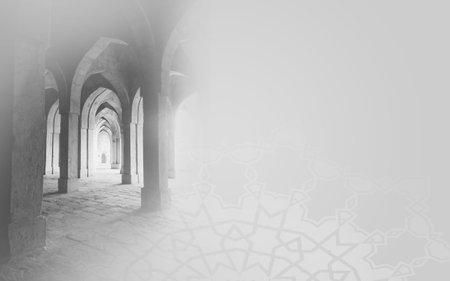 Ramadan Kareem black and white mosque background with mandala. Greeting for Ramadan Mubarak. Eid Mubarak. Happy Ramadan. Happy Eid Greeting Card Idea. Holy Month. Empty Space.の写真素材