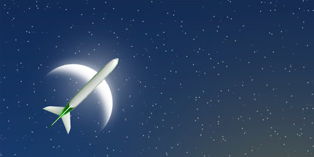 Airplane on crescent moon in sky, Ramadan Kareem background. Greeting for Ramadan Mubarak. Eid Mubarak. Happy Ramadan. Happy Eid Greeting Card Idea. Holy Month. Empty Space.の写真素材