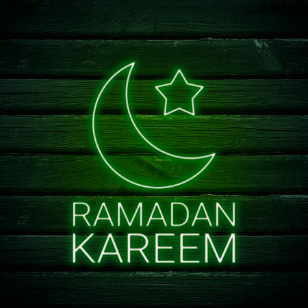 Ramadan Kareem text on wooden background. Greeting for Ramadan Mubarak, Eid Mubarak. Happy Ramadan, Happy Eid Greeting Card Idea. Holy Month. Copy Space.の写真素材