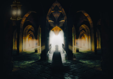 Painting of a muslim man praying in a mosque. Ramadan Kareem background. Greeting for Ramadan Mubarak, Eid Mubarak. Happy Ramadan, Happy Eid Greeting Card Idea. Holy Month. Copy Space.の写真素材