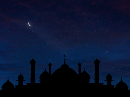 Ramadan Kareem silhouette mosque background. Greeting for Ramadan Mubarak. Eid Mubarak. Happy Ramadan. Happy Eid Greeting Card Idea. Holy Month. Empty Space.の写真素材