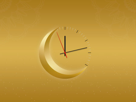 Crescent moon with a watch, Ramadan Kareem background. Greeting for Ramadan Mubarak. Eid Mubarak. Happy Ramadan. Happy Eid Greeting Card Idea. Holy Month. Empty Space.の写真素材