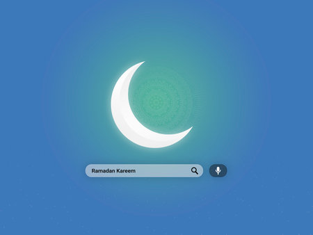 Crescent moon with search box Ramadan Kareem background. Greeting for Ramadan Mubarak. Eid Mubarak. Happy Ramadan. Happy Eid Greeting Card Idea. Holy Month. Empty Space.の写真素材