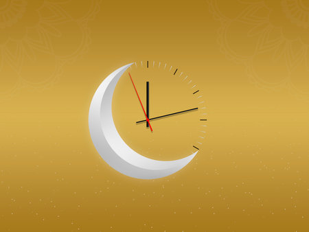 Crescent moon with a watch, Ramadan Kareem background. Greeting for Ramadan Mubarak. Eid Mubarak. Happy Ramadan. Happy Eid Greeting Card Idea. Holy Month. Empty Space.の写真素材