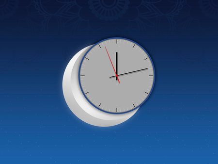 Crescent moon with a watch, Ramadan Kareem background. Greeting for Ramadan Mubarak. Eid Mubarak. Happy Ramadan. Happy Eid Greeting Card Idea. Holy Month. Empty Space.の写真素材